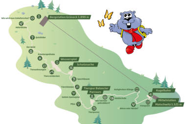 Overview map of Golmis Forschungspfad on the Erlebnisberg Golm | © Golm Silvretta Lünersee Tourismus GmbH Bregenz Overview map with the 22 stations of Golmis Forschungspfad | © Golm Silvretta Lünersee Tourismus GmbH Bregenz