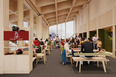 Neubau Restaurant Grüneck | © Golm Silvretta Lünersee Tourismus GmbH Bregenz Rendering von der Inneneinrichtung des Neubaus vom Restaurant Grüneck | © Golm Silvretta Lünersee Tourismus GmbH Bregenz